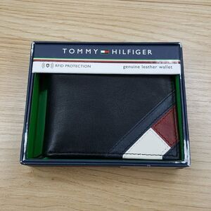 TOMMY HILFIGER Mens Black Leather Wallet Bifold RFID Flag Logo